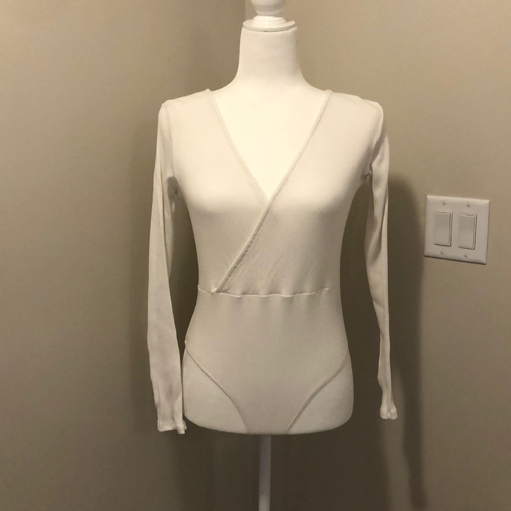 White Ribbed Long Sleeve Thong Bodysuit